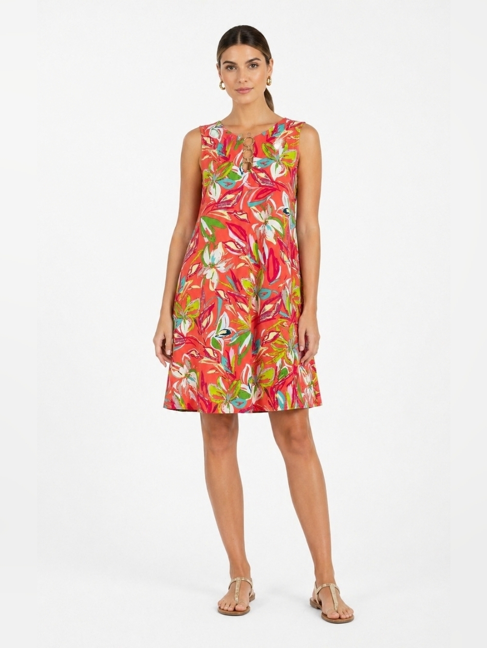 MSK Coral Multicolor Floral Keyhole Dress. Size M.